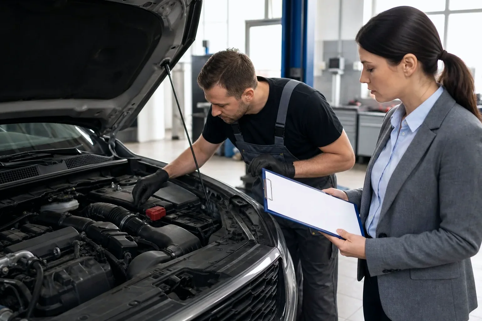 Profissionais fazendo o cadastro de motor, com computadores e documentos visíveis.