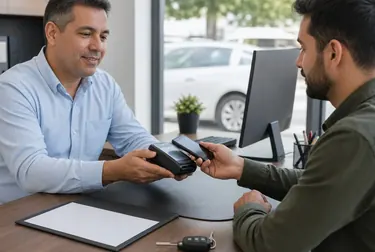 Profissional lidando com o pagamento de débitos de veículos, com recibos e dispositivos.