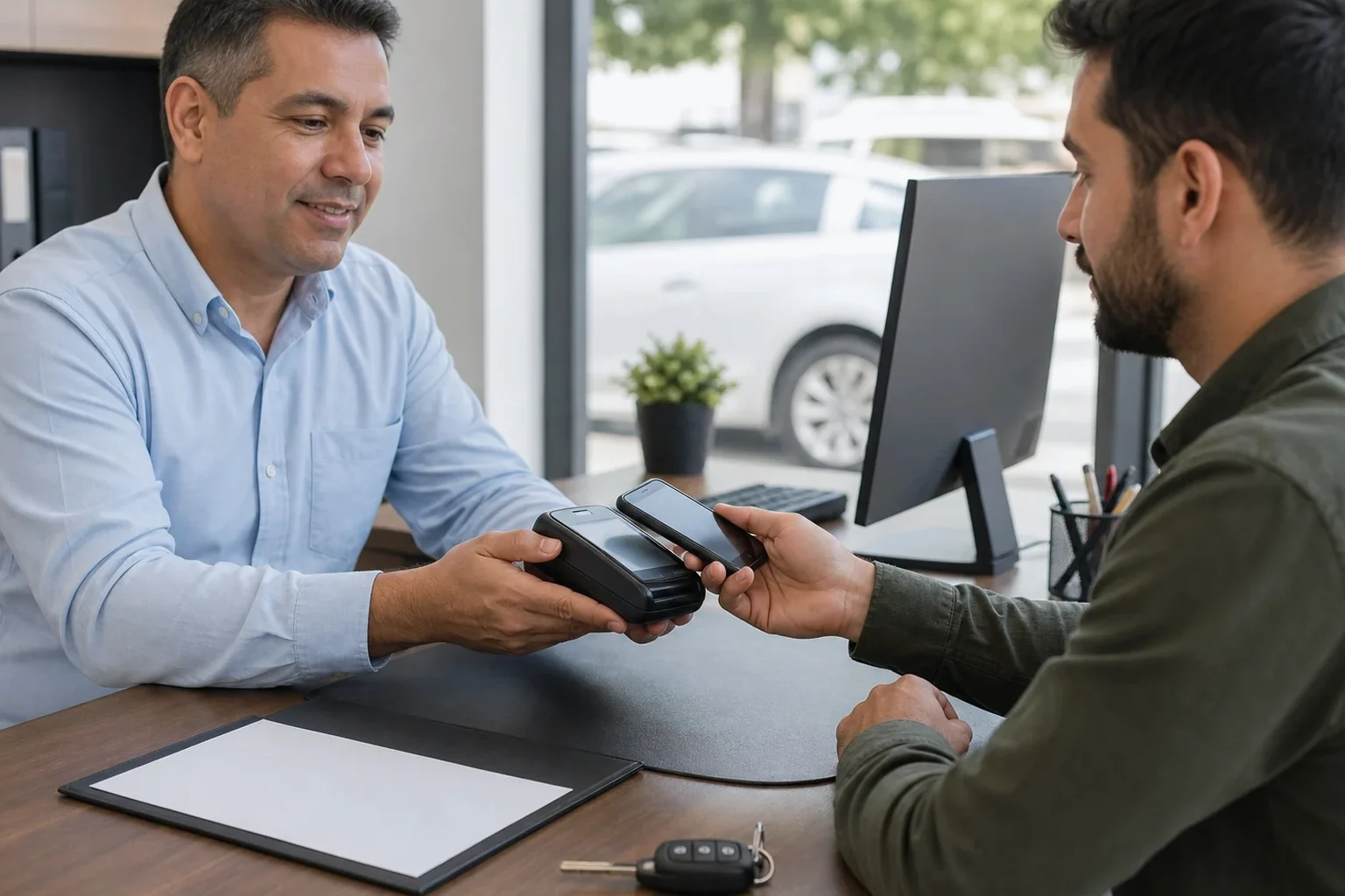 Profissional lidando com o pagamento de débitos de veículos, com recibos e dispositivos.